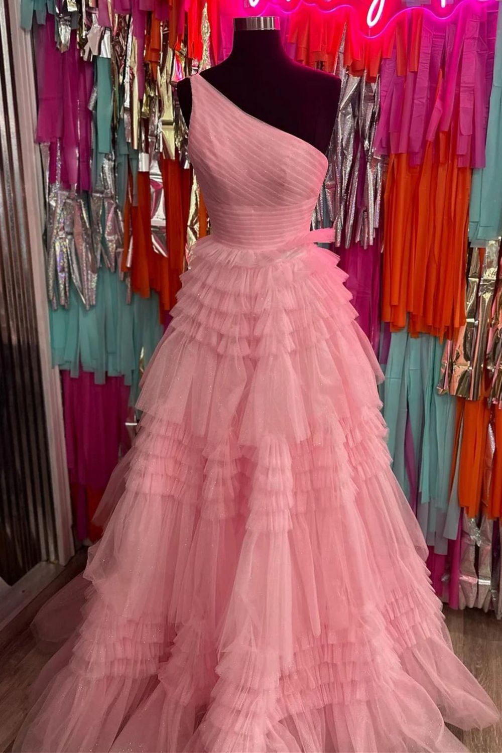 Stylish A Line One Shoulder Pink Long Prom Dress with Ruffles