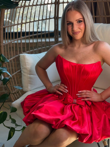 Cute A Line Strapless Red Corset Homecoming Dress with Bowknot