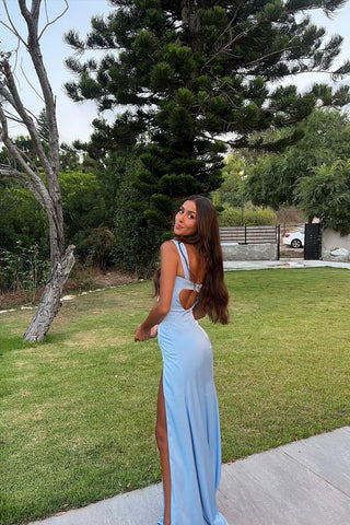 Trendy Sheath Sweetheart Blue Long Prom Dress with Split Front