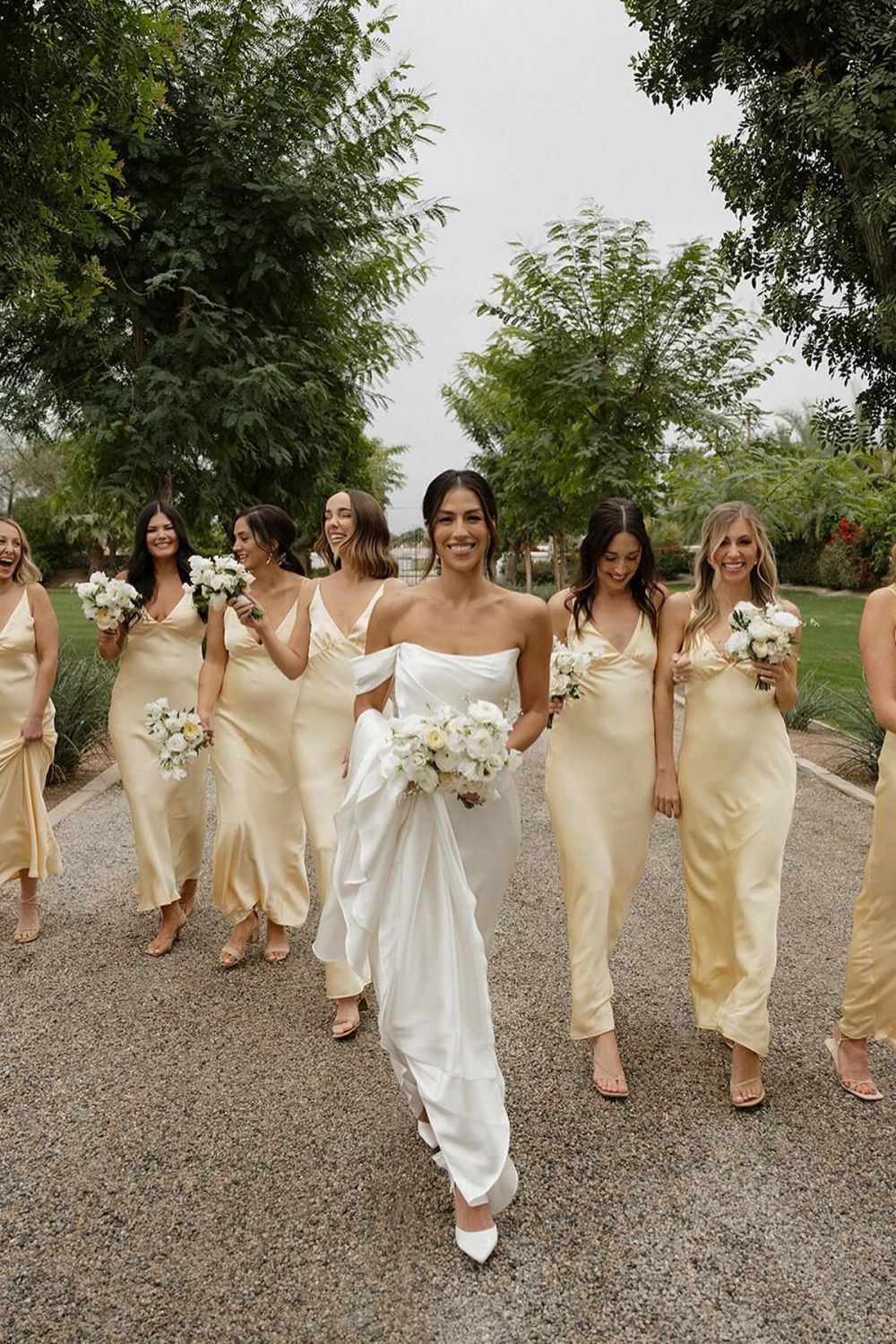 A Line Sheath V Neck Yellow Satin Long Bridesmaid Dress