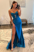 Load image into Gallery viewer, Navy Blue Sweetheart Mermaid Long Satin Prom Dress With Split
