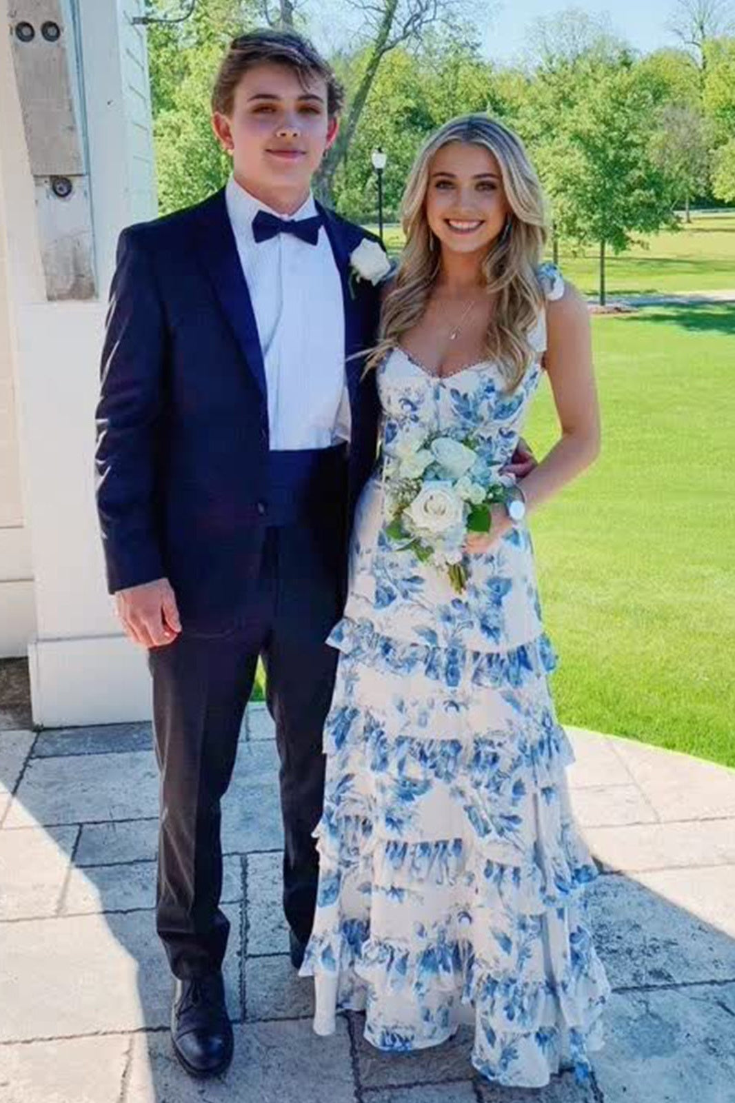 A Line Spaghetti Straps Blue Printed Long Party Dress with Ruffles