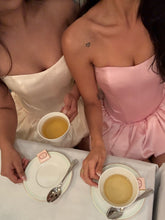Load image into Gallery viewer, Pretty A Line Strapless Pink Satin Short Homecoming Dress with Criss Cross Back
