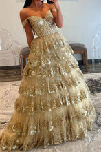 Load image into Gallery viewer, Princess A Line Off the Shoulder Golden Long Prom Dress with Ruffles
