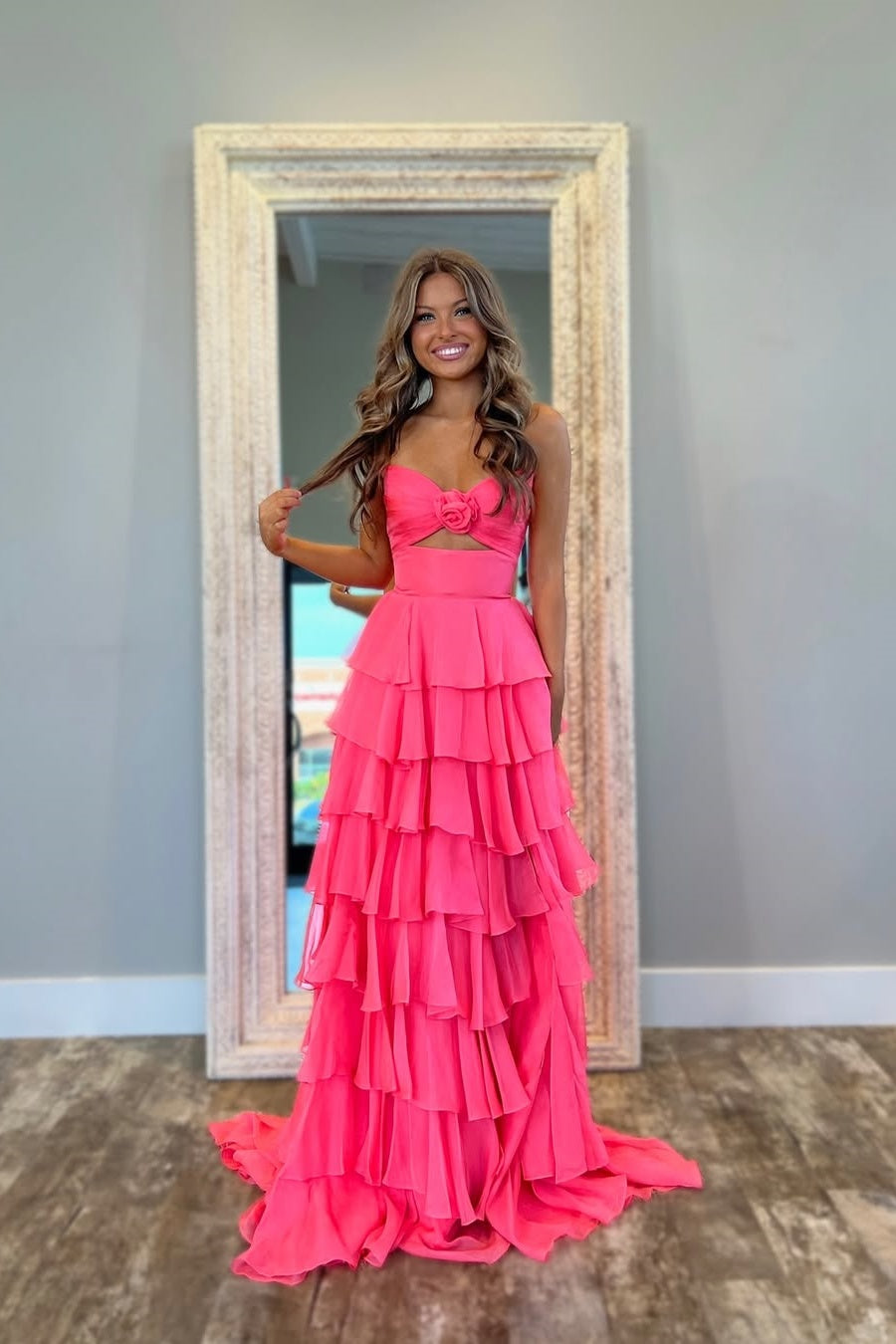 A-Line Strapless Slit Dreamy Gown With Ruffle Royal Blue main image 1
