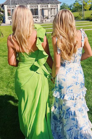 A Line Spaghetti Straps Blue Printed Long Party Dress with Ruffles