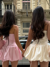 Load image into Gallery viewer, Pretty A Line Strapless Pink Satin Short Homecoming Dress with Criss Cross Back
