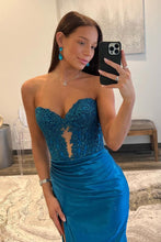 Load image into Gallery viewer, Navy Blue Sweetheart Mermaid Long Satin Prom Dress With Split
