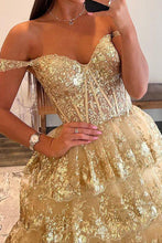 Load image into Gallery viewer, Princess A Line Off the Shoulder Golden Long Prom Dress with Ruffles
