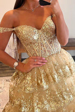 Load image into Gallery viewer, Princess A Line Off the Shoulder Golden Long Prom Dress with Ruffles