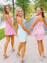 Load image into Gallery viewer, Cute Sheath Strapless Light Blue Short Homecoming Dress with 3D Flowers
