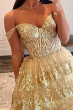 Load image into Gallery viewer, Princess A Line Off the Shoulder Golden Long Prom Dress with Ruffles
