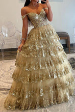 Load image into Gallery viewer, Princess A Line Off the Shoulder Golden Long Prom Dress with Ruffles
