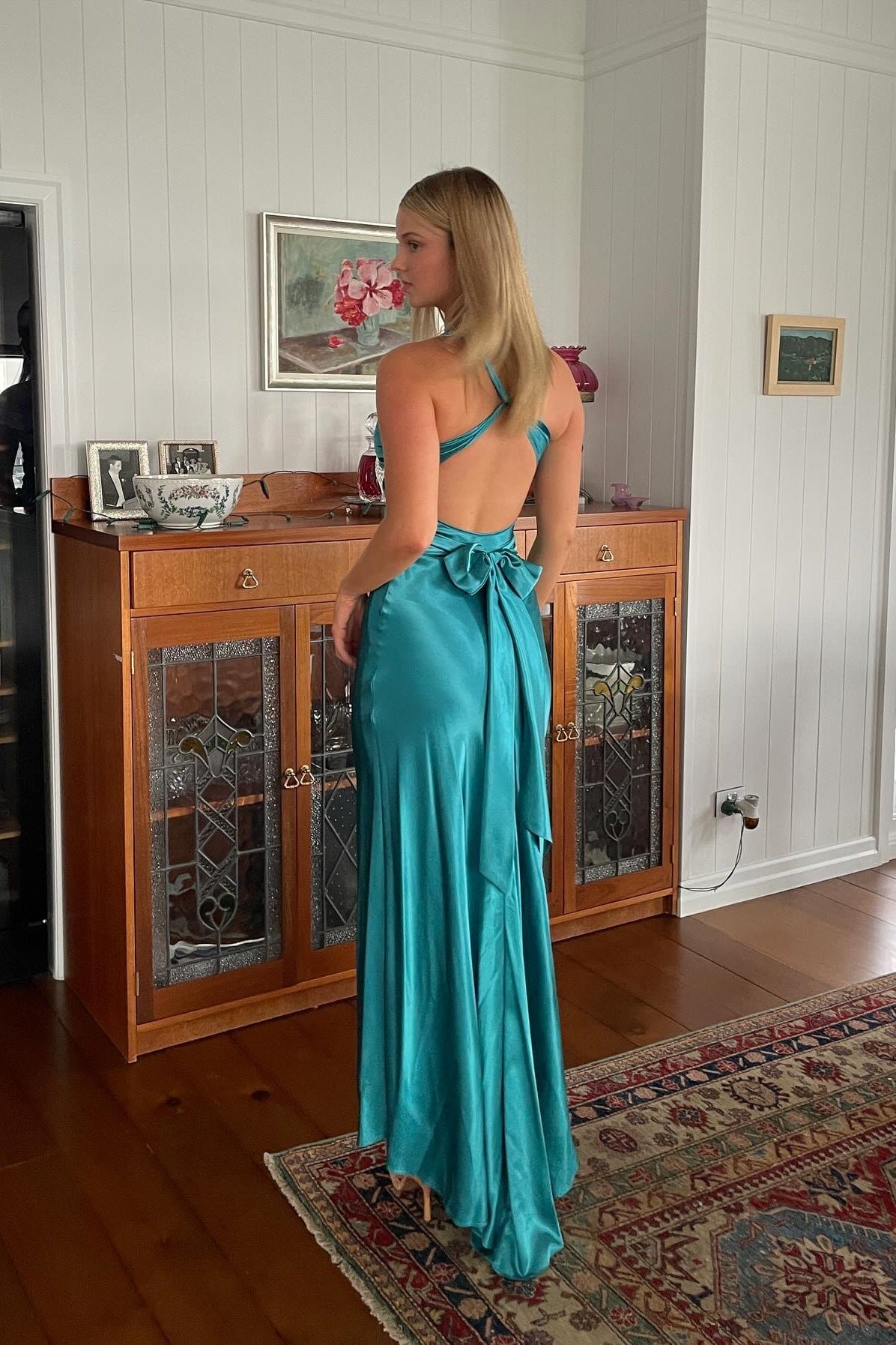 Luuvis Women Yellow Long Party Dress Chic Sheath Halter Neck Formal Dress with Backless Bowknot