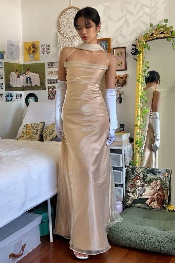 Elegant Sheath Spaghetti Straps Champagne Long Prom Dress with Scarf