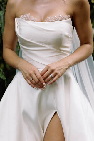 Elegant A Line Strapless White Sating Long Wedding Dress with Split Front