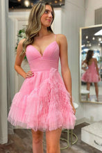 Load image into Gallery viewer, A Line Pink Tulle Short Homecoming Dress Spaghetti Straps with Ruffles