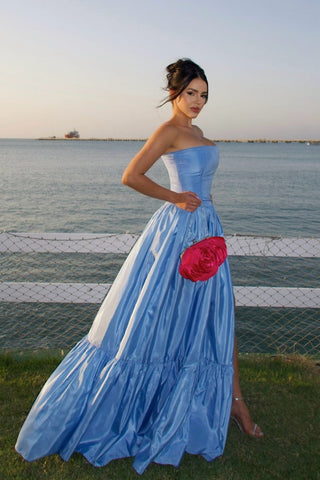 Charming A Line Strapless Blue Satin Long Prom Dress with Split Front
