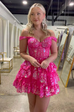 Load image into Gallery viewer, A Line Fchsia Homecoming Dress Seeing Sparkles Off the Shoulder Graduation Dress with Ruffles
