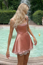 Load image into Gallery viewer, Satin Rose Pink Spaghetti Strap Homecoming Dress with Lace Trim Mini Skirt