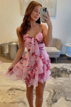 Load image into Gallery viewer, New A Line Sweetheart Blue Printed Short Homecoming Dress with Ruffles
