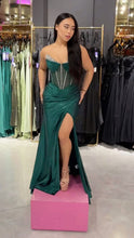 Load image into Gallery viewer, Dark Green Mermaid Strapless Long Corset Prom Dress with Beading
