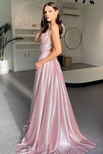 Load image into Gallery viewer, Simple A Line Spaghetti Straps Pink Long Prom Dress with Split Front
