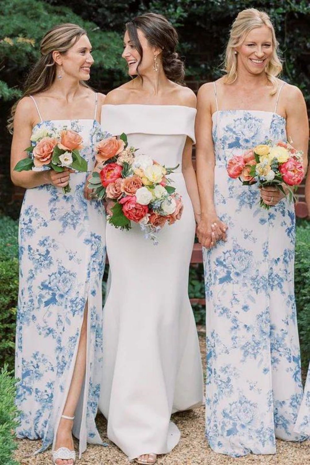 Gorgeous Spaghetti Straps Blue Floral Printed Long Bridesmaid Dress with Split Front