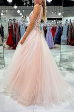 Load image into Gallery viewer, Charming A Line V Neck Blush Long Prom Dress with Appliques