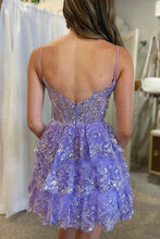 Load image into Gallery viewer, A Line Lilac Short Graduation Dress Spaghetti Straps Homecoming Dress with Lace Ruffles
