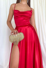 Load image into Gallery viewer, Simple A Line Spaghetti Straps Red Long Prom Dress with Criss Cross Back
