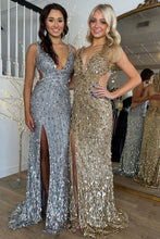 Load image into Gallery viewer, Sparkly Mermaid V Neck Golden/Silver Sequins Long Prom Dress with Split Front