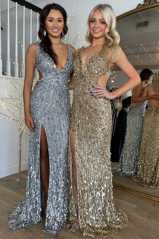Sparkly Mermaid V Neck Golden/Silver Sequins Long Prom Dress with Split Front