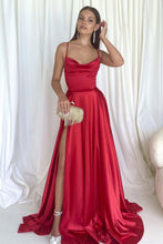 Load image into Gallery viewer, Simple A Line Spaghetti Straps Red Long Prom Dress with Criss Cross Back
