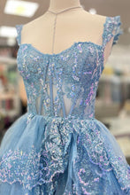 Load image into Gallery viewer, Princess A Line Sweetheart Blue Corset Prom Dress with Lace Ruffles