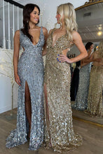Load image into Gallery viewer, Sparkly Mermaid V Neck Golden/Silver Sequins Long Prom Dress with Split Front