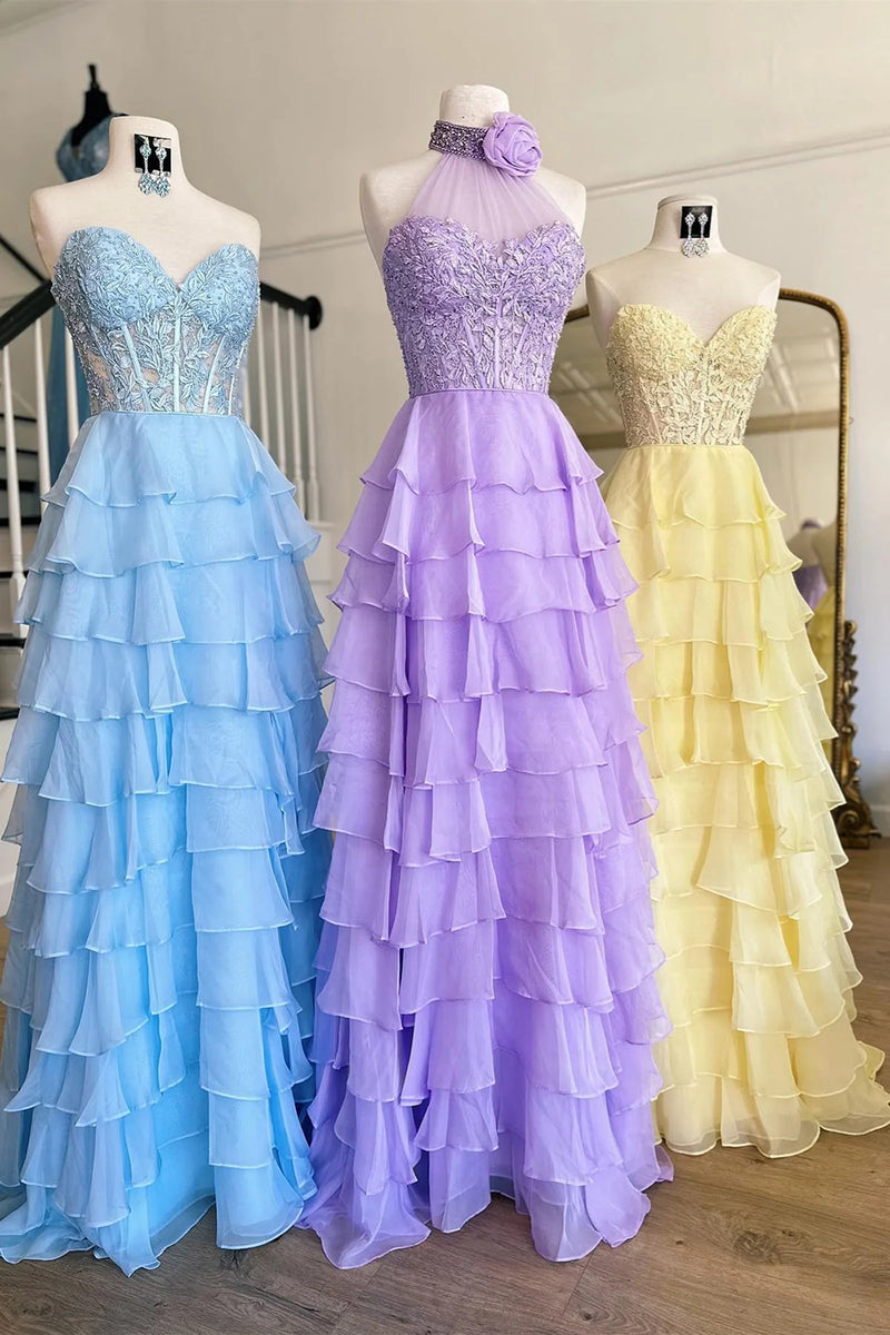 Glamorous Tiered Halter Sleeveless Lace Tulle Prom Dress With Slit