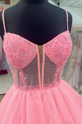 Charming A Line Spaghetti Straps Pink Corset Prom Dress with Appliques