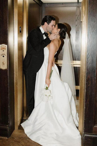 Elegant A Line Strapless White Long Bridal Dress with Split Front