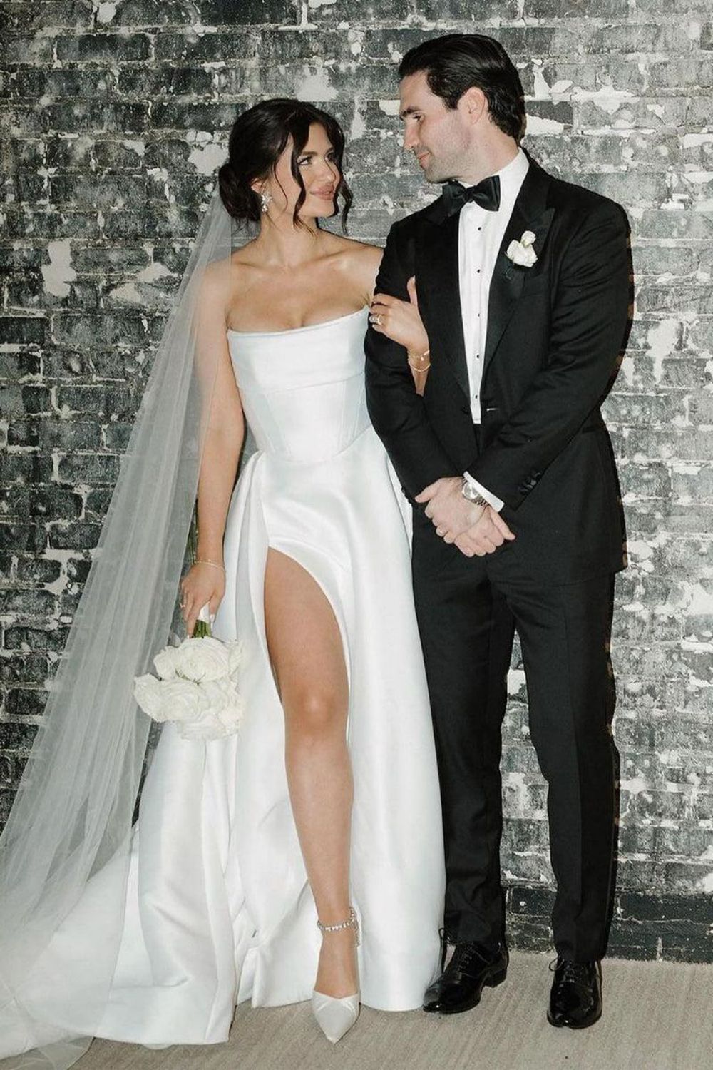 white strapless dress with split Luuvis Women White Long Bridal Dress Elegant A Line Strapless Wedding Dress with Split Front