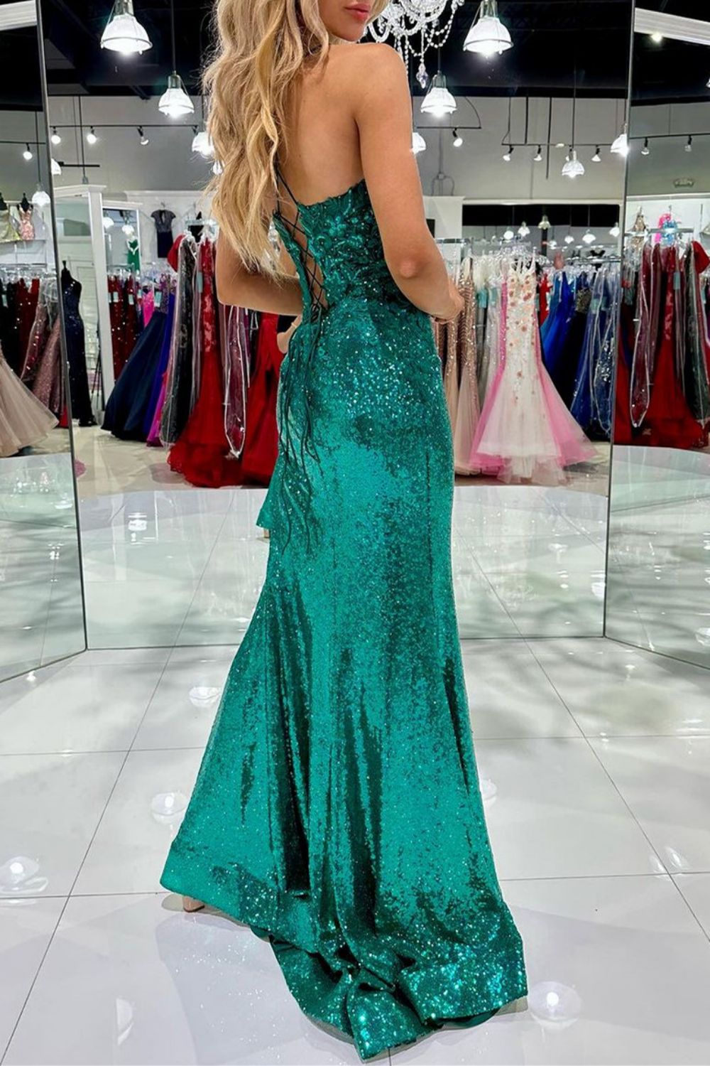 Luuvis Green Sequins Long Prom Dress Bling Mermaid Spaghetti Straps Formal Dress with Split Front