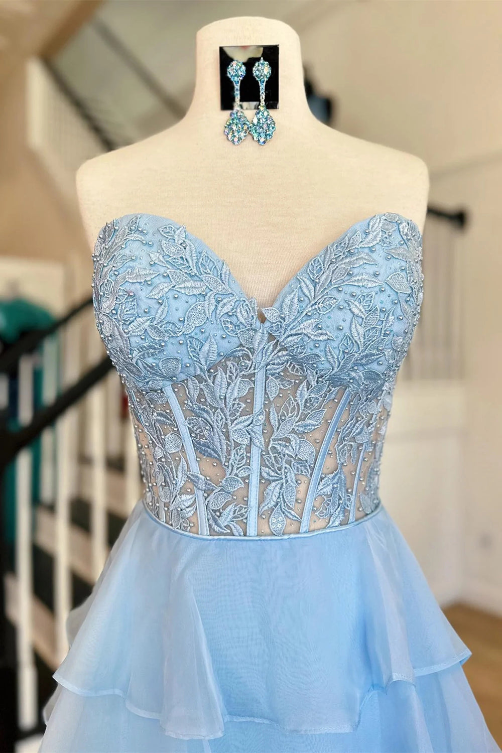 Sparkly A-Line Strapless Tiered Tulle Long Prom Dresses VK24012902