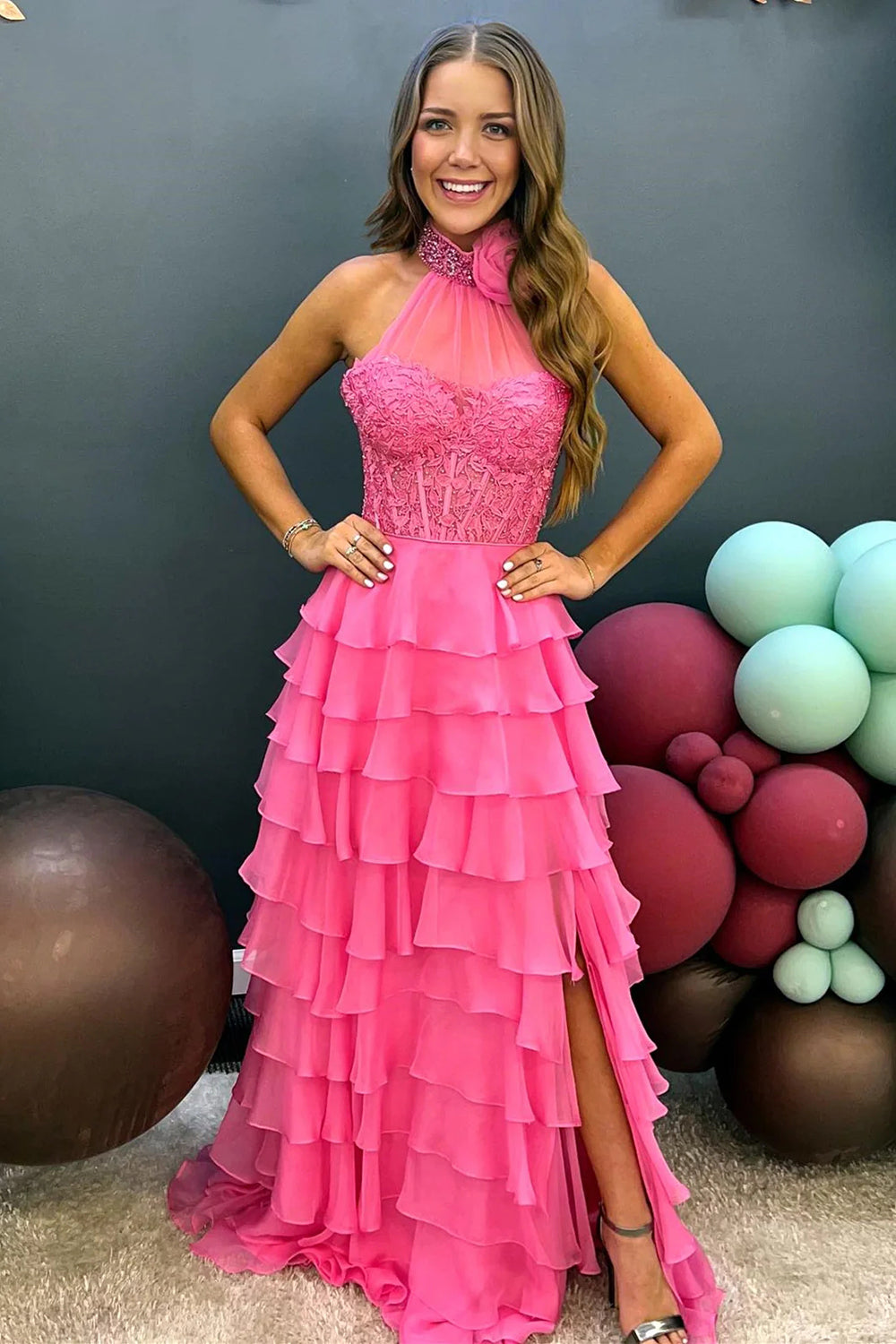 Glitter A Line Halter Tulle Sequin Long Prom Dress,Wedding Dress,Evening Dress main image 1