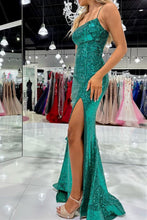 Load image into Gallery viewer, Bling Mermaid Spaghetti Straps Green Sequins Long Prom Dress with Split Front
