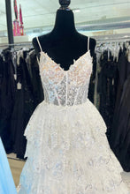Load image into Gallery viewer, Gorgeous A Line Spaghetti Straps Navy Corset Prom Dress with Ruffles
