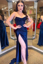 Load image into Gallery viewer, Gorgeous Gold Mermaid Strapless Long Beaded Prom Dress With High Slit
