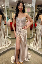 Load image into Gallery viewer, Gorgeous Gold Mermaid Strapless Long Beaded Prom Dress With High Slit
