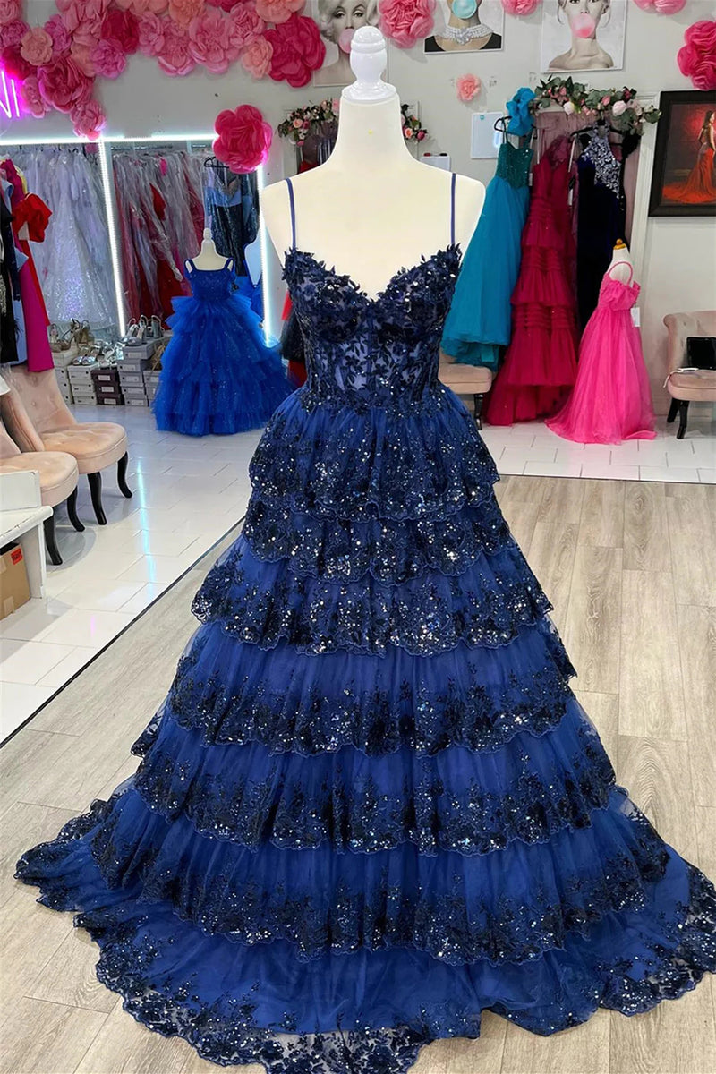 A-Line Boat Neck Spaghetti Straps Ruffles Tiered High Side Slit and Train Prom Dress WU1420