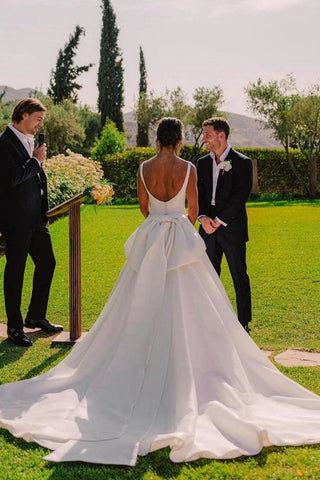 Elegant A Line Square Neck White Bridal Dress with Bowknot