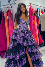 Load image into Gallery viewer, Luxurious A Line Spaghetti Straps Black Corset Prom Dress with Ruffles
